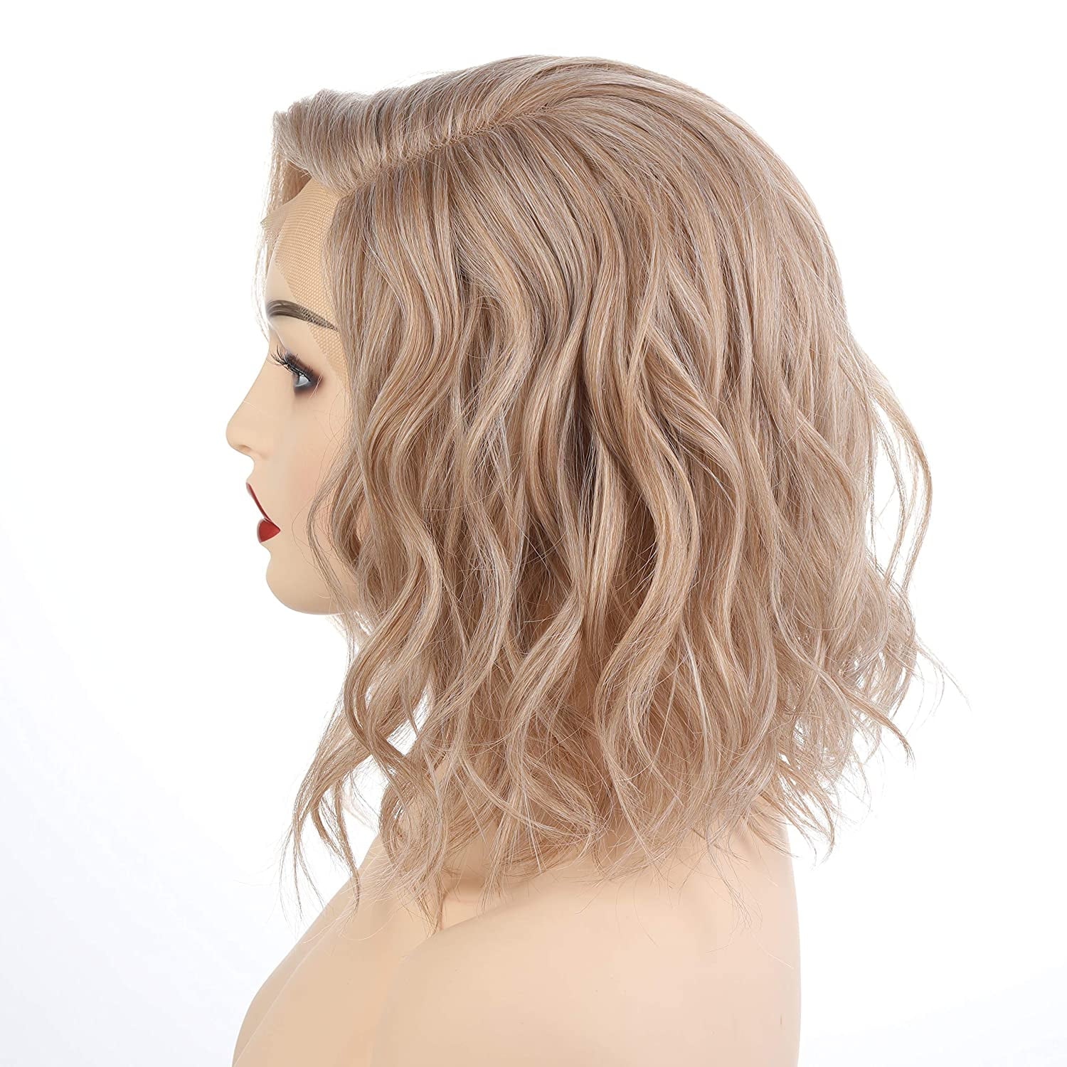 Onedor Side Part Blonde Blended Lace Front Short Wavy Hair Bob Wigs for Womens (M266)