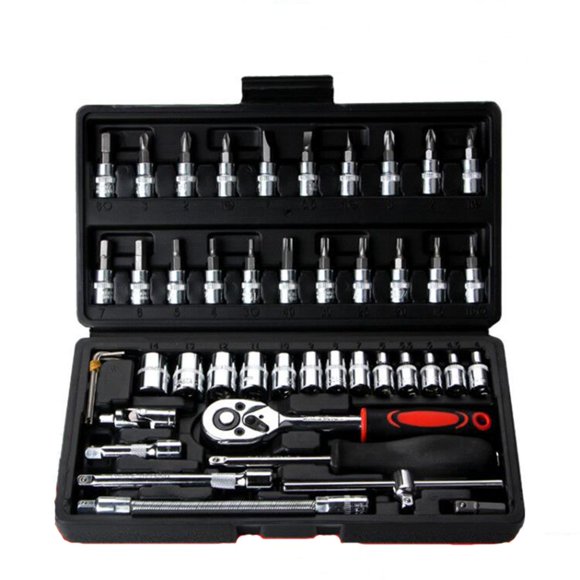TFixol Car maintenance kit tools socket wrench combination hardware tools small 46 pieces set wrench combination sets of heads 46 Piece Auto Repair Set-Black Box (Small)