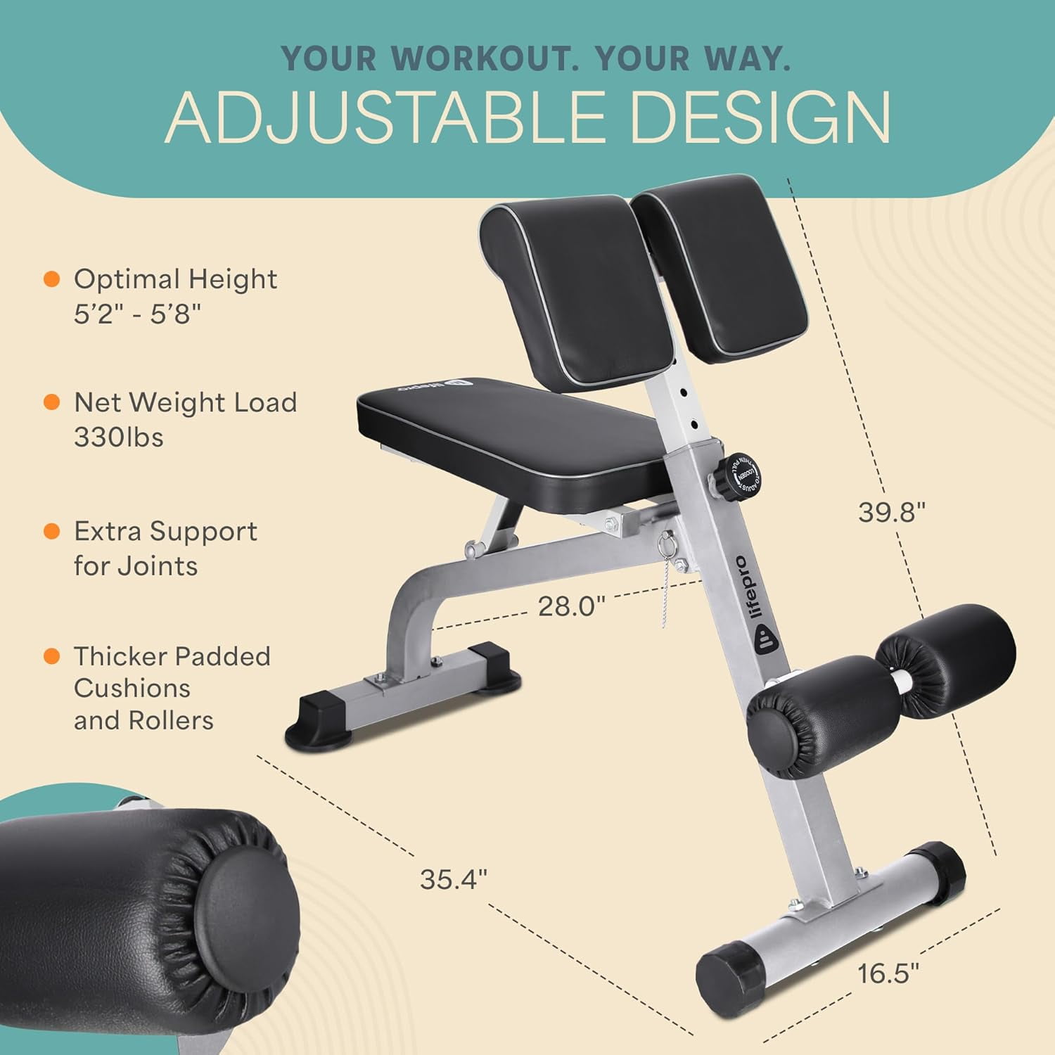 LifePro SculptTrainer Roman Chair Hyperextension Bench Adjustable Back Extension, Ab Bench & Foldable Sit-Up Bench for Home Gym Strength Training - Silver
