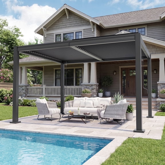 NETAJE 10'x12' Hardtop Louvered Pergola, Aluminum Outdoor Pavilion with Adjustable Louvered Roof and Drainage System for Patio Deck for Patio, Garden, Decks, Backyard