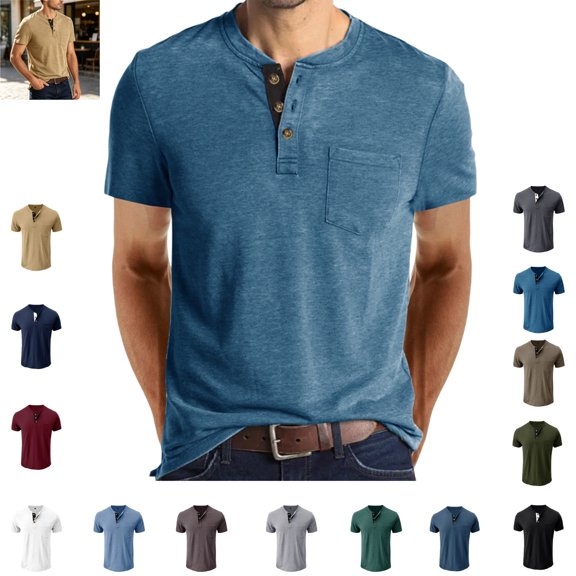 Mfakffe Mens T-shirts Round Neck Comfortable Sport Short Sleeve Breathable Henry Collar Design Solid Color Underwear Top