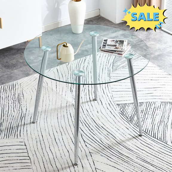 Tcbosik 38.6" Round Glass Table with Metal Legs, Modern Kitchen Table for 2-4 Person, Minimalist Bistro Table for Living Room, Easy Assembly, Silver
