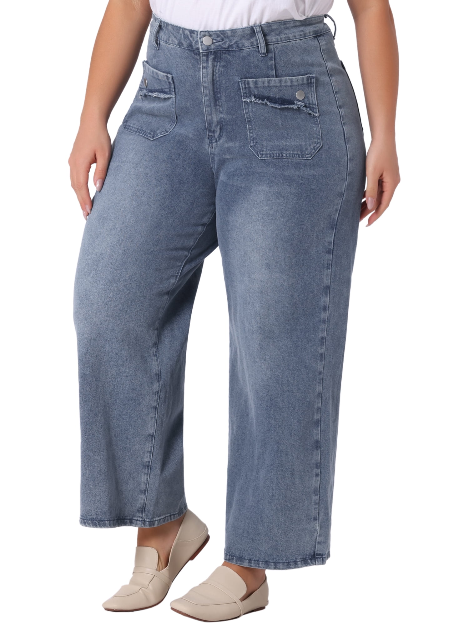 DARING DIVA Women's Plus Wide Leg Stretch Washed Palazzo Pants Jeans 1X Grey Blue