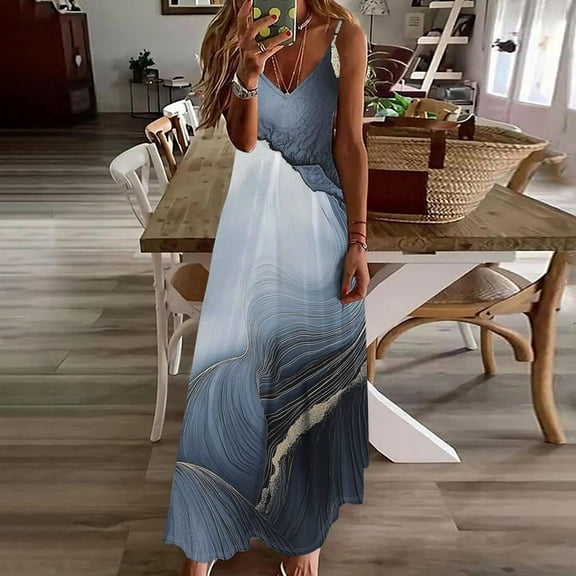 Rollbacks & More Viikei Dresses for Women,Summer Dresses for Women Print Sleeveless Round Neck Dress Casual Dresses Dark Gray S