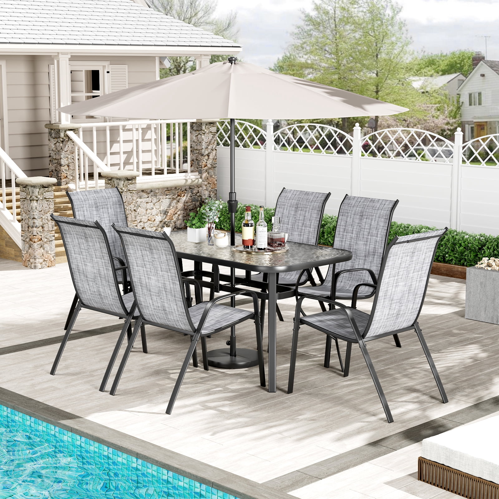 Pirecart Patio Dining Set of 7, Textilene Patio Furniture Set Suitable for All Weather with Umbrella Hole, for Backyard Poolside, Gray