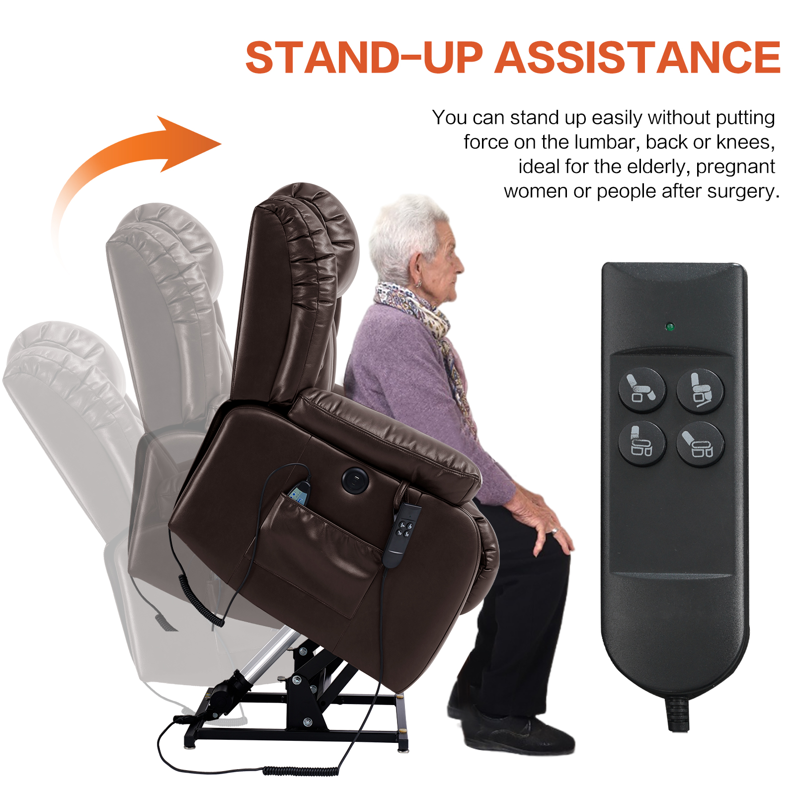 TEKAMON Infinite Position Lift Recliner Chair for Elderly with Heat and Massage Lay Flat Sleeping Leather Dual Motor Power Lift Chair for Living Room (Brown) - image 4 of 12