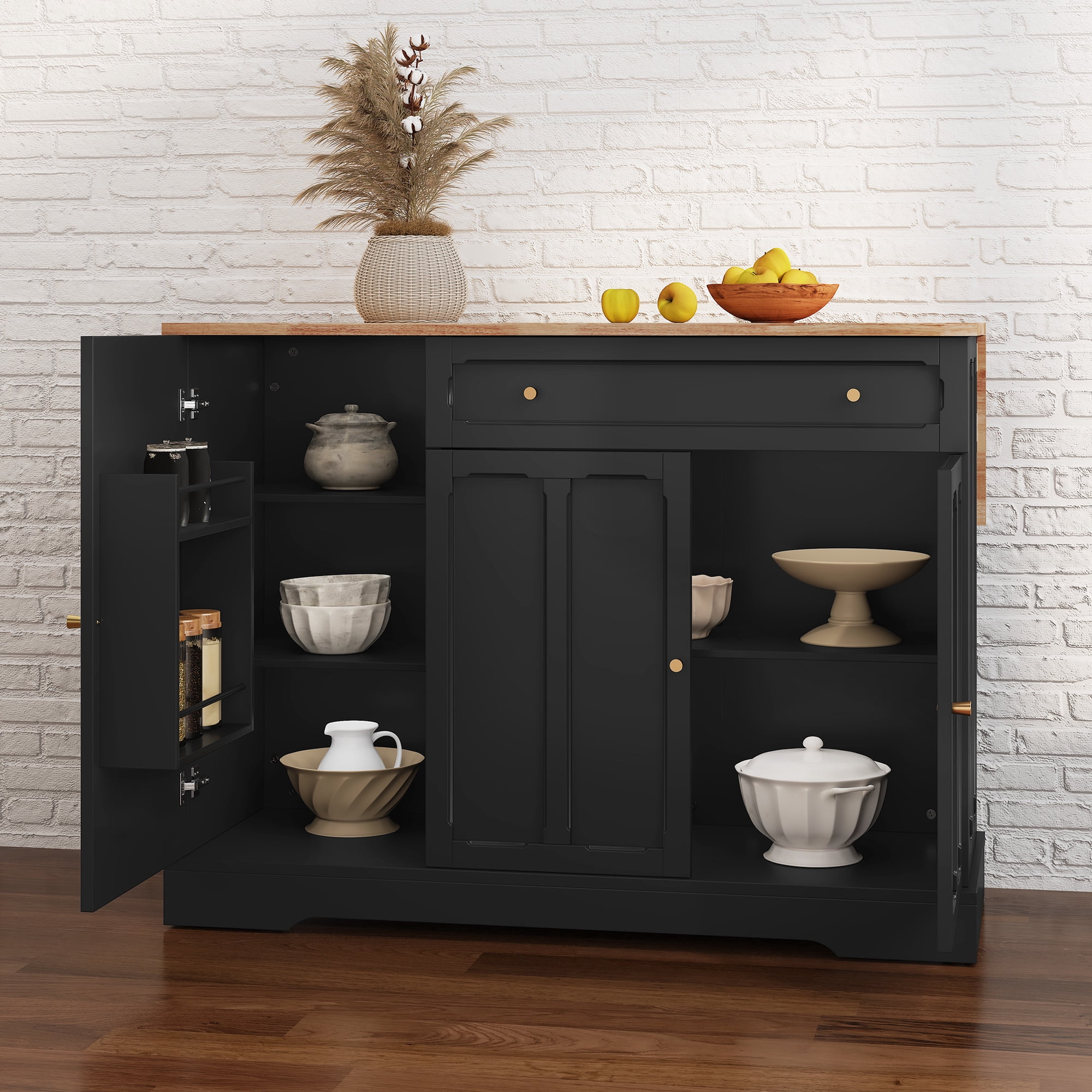 CBJCBJ 47.2" Modern Rolling Kitchen Island with Drop Leaf, Kitchen Cart with Storage, Black