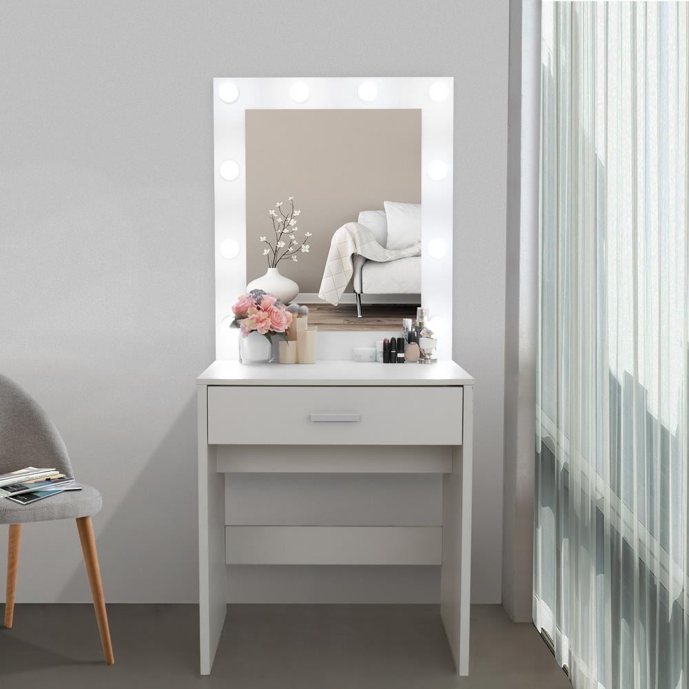 Ktaxon Modern Vanity Table with Lighted Mirror,Bedroom,White Finish