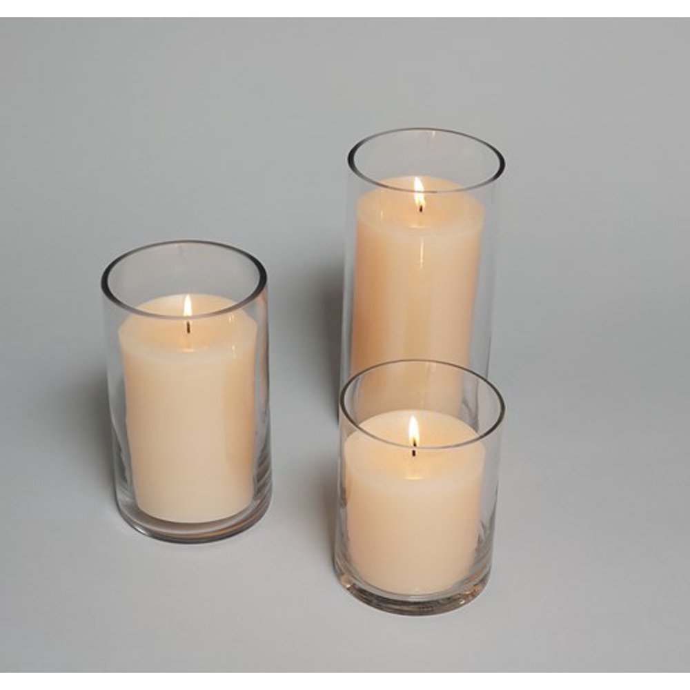 Bulk 4" Ivory Pillar Candles & 5" Cylinder Vases (18 Candles + 18 Vases