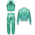 thumbnail image 2 of Alvivi 3Pcs Girls Hip Hop Clothes Set Performance Costumes Metallic Bomber Jacket Crop Top with Pants Set Blue Green 16, 2 of 5