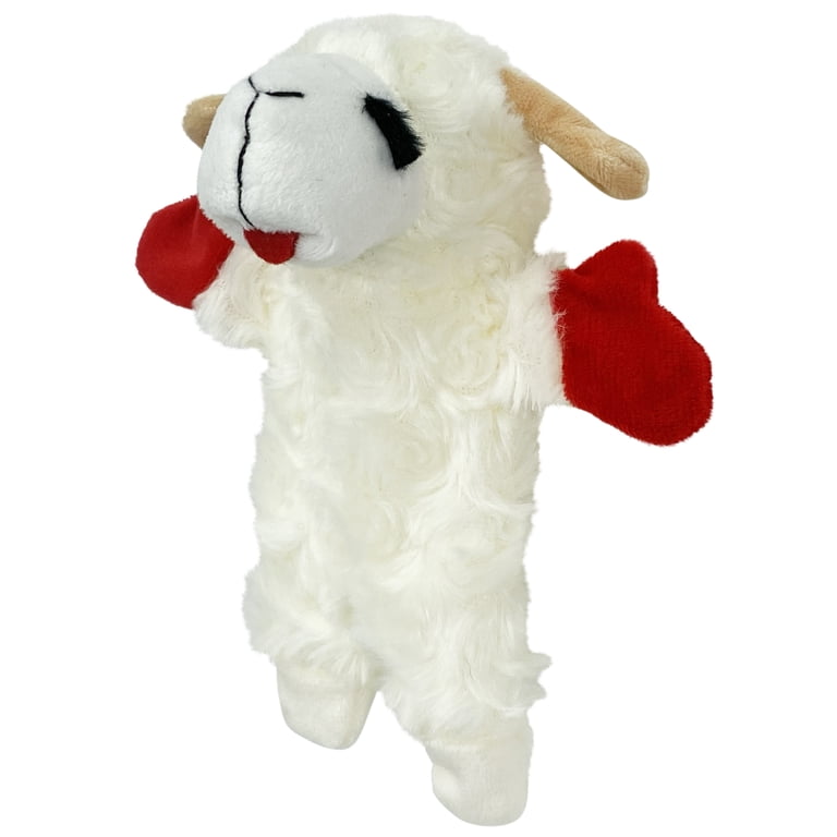 Multipet Lamb Chop Plush Crinkle Flop Dog Toy, White with Red Paws