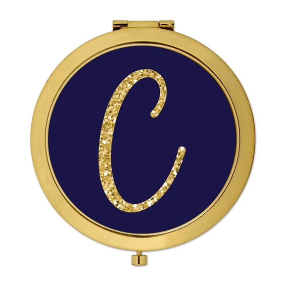 Koyal Wholesale Gold Compact Mirror Bridesmaid's Wedding Gift, Navy Blue | Faux Gold Glitter, Monogram Letter C, 1-Pack