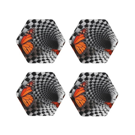 

Fuzoiu Butterflies Optical Illusion Print Leather Coasters Set Drink Coasters Set of 4 for Tabletop Protection Durable PVC Coasters Home Décor and Housewarming Gift-Hexagon