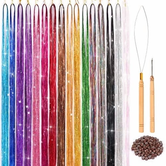 16 Colors Hair Tinsel Kit,  48 Inches 3300 Strands Tinsel Hair Extensions, Fairy for Christmas Halloween  Party, Highlights Sparkling Glitter Hair
