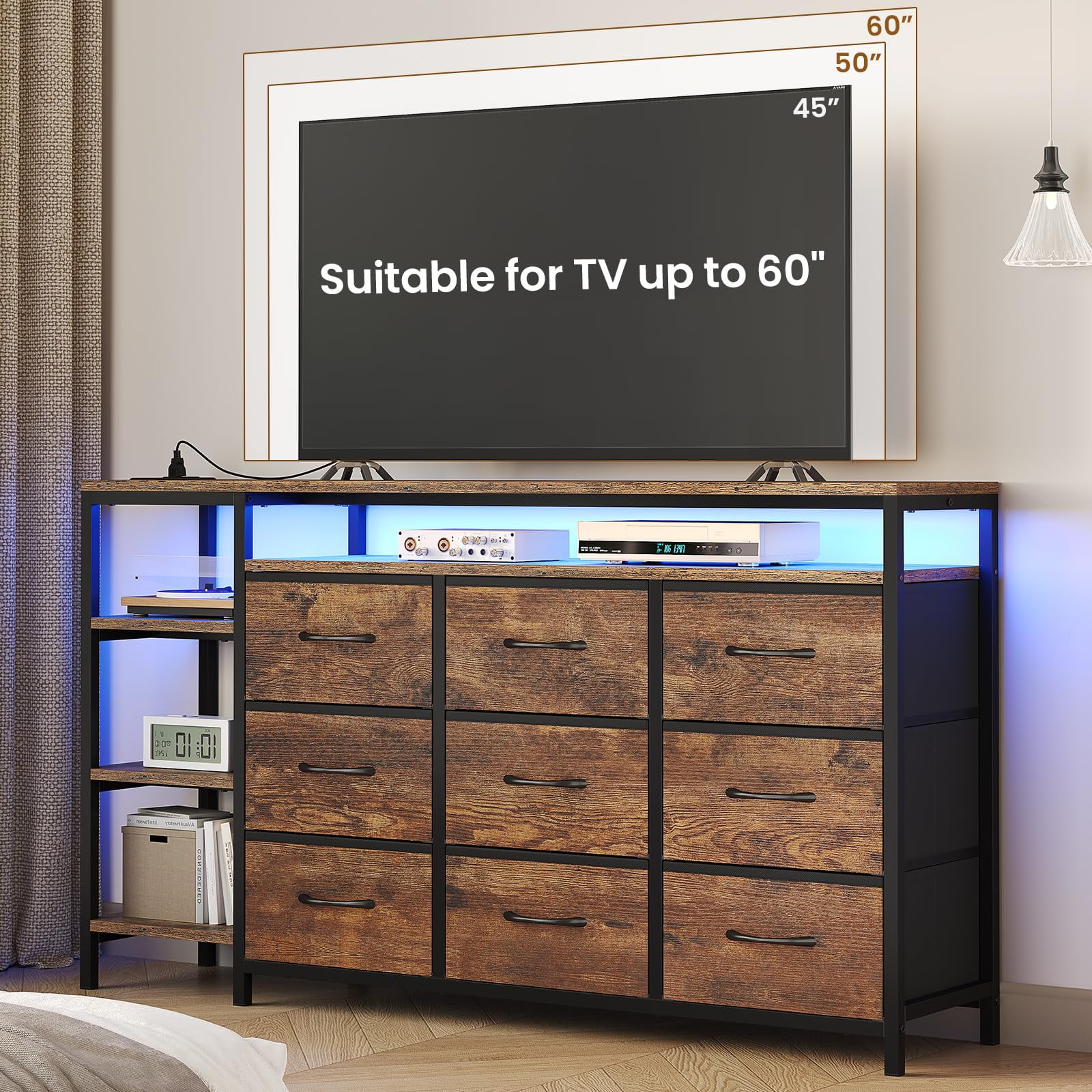 Afuhokles 9 Drawers Dressers for Bedroom with LED Lights and Powers Outlets,TV Stand for 55, 60 Inch TV, Entertainment Center with Drawers and Open Shelves, Rustic Brown