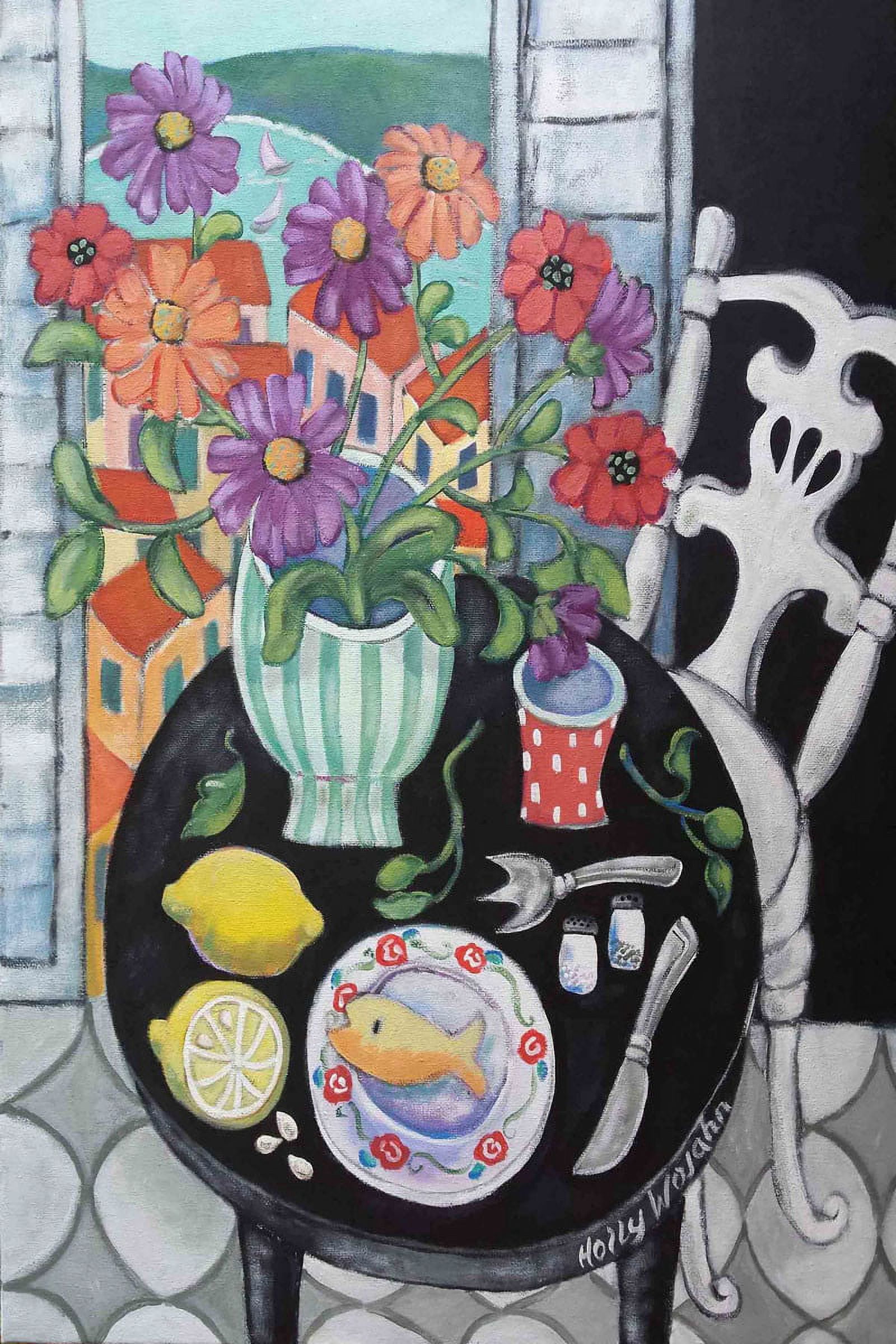 "Fish Dinner by the Sea" Painting Print on Canvas
