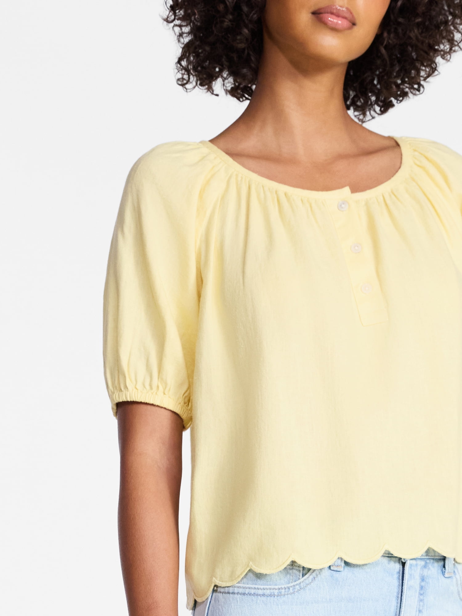 Time and Tru Women's Linen Blend Blouse with Scalloped Hem, Sizes XS-XXXL