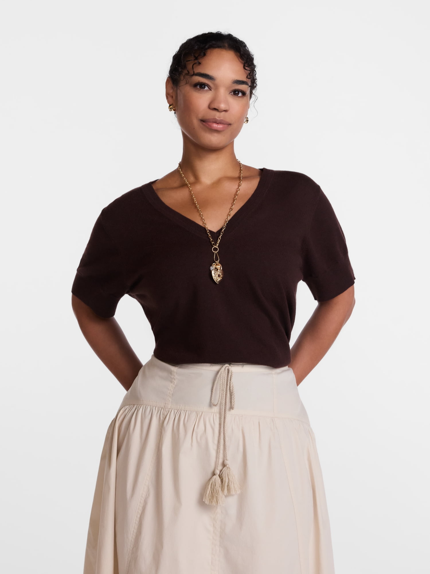 Scenario Women's V-Neck Lightweight Sweater with Short Sleeves, Sizes XS-XXXL