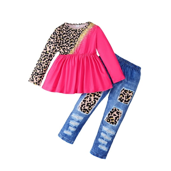 Kid Girl Long Sleeve shirts and Denim Pants 2Pcs Leopard Splicing Pullover Outfits Set Size 4-7