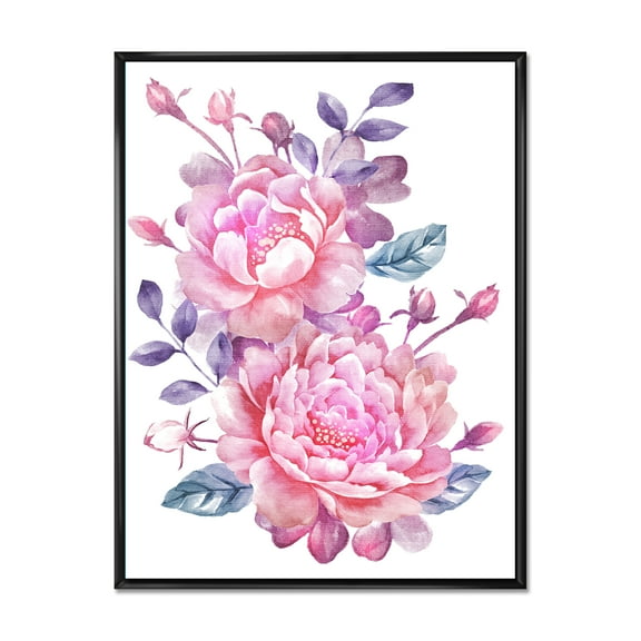 Designart 'Pink Retro Flowers With Blue Leaves On White' Traditional Framed Canvas Wall Art Print