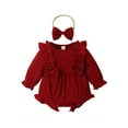 thumbnail image 1 of xiaxaixu Bébé Fille Printemps Combinaison Couleur Unie Manches Longues Col Rond Arc Romper avec Bandeau, 1 of 8