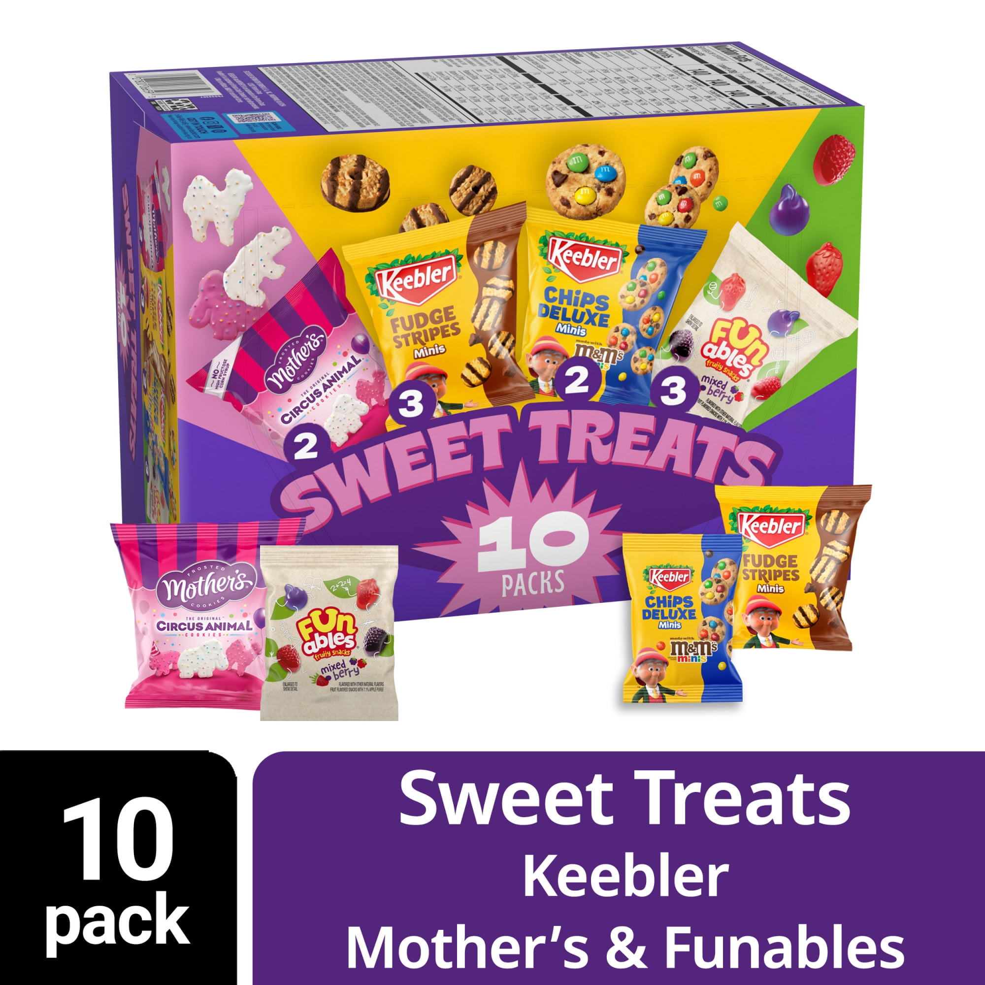 Keebler Sweet Treat Variety Pack, 10-Count Box, Includes Chips Deluxe, Funables, Fudge Stripes, and Mother's Circus Animal Cookies, 9.4 oz