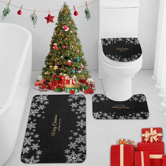 Merry Christmas Geometry Snowflake Snow Bathroom Rug Set of 3 Winter Crystal Black 3 Pieces Bath Mats Set No Silp Washable Cover Floor Rug Decorations for Kitchen Bathroom Bedroom