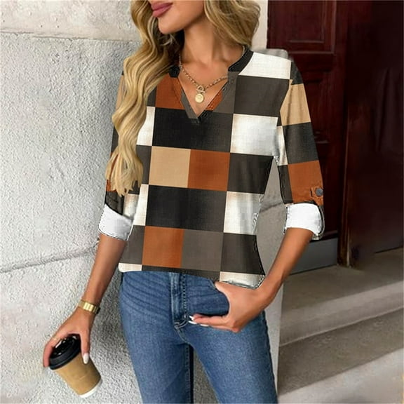 PiGOGI Women's Floral Print V-Neck Long Sleeve Button Top Tops for Women Casual Comfortable Loose Fit Brown XL