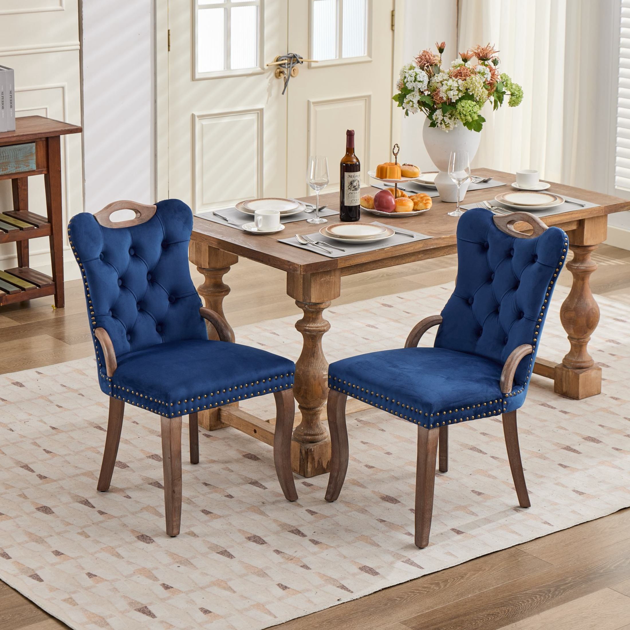 GDF Studio Set of 2 Dining Chairs with Tufted Velvet Upholstery, Copper Nailhead Trim, Blue