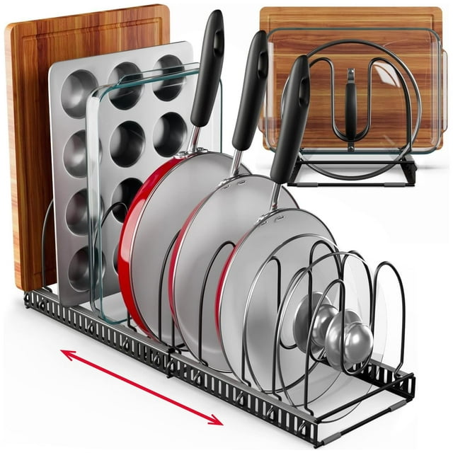 Better Things Home 12+ Expandable Pan And Pot Lid Organizer Rack For Cabinet, Pot Lid Holder Pot Organizers Inside Cabinet, Pots And Pans Organizer Under Cabinet (Dark Grey, Pan & Bakeware)