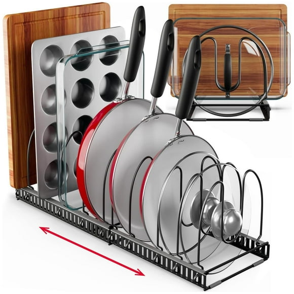 Better Things Home 12+ Expandable Pan And Pot Lid Organizer Rack For Cabinet, Pot Lid Holder Pot Organizers Inside Cabinet, Pots And Pans Organizer Under Cabinet (Dark Grey, Pan & Bakeware)