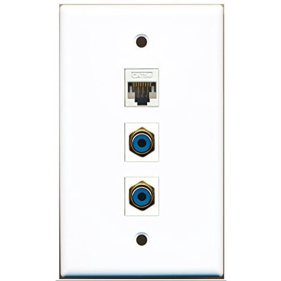 RiteAV - 2 Port RCA Blue and 1 Port Cat5e Ethernet White Wall Plate