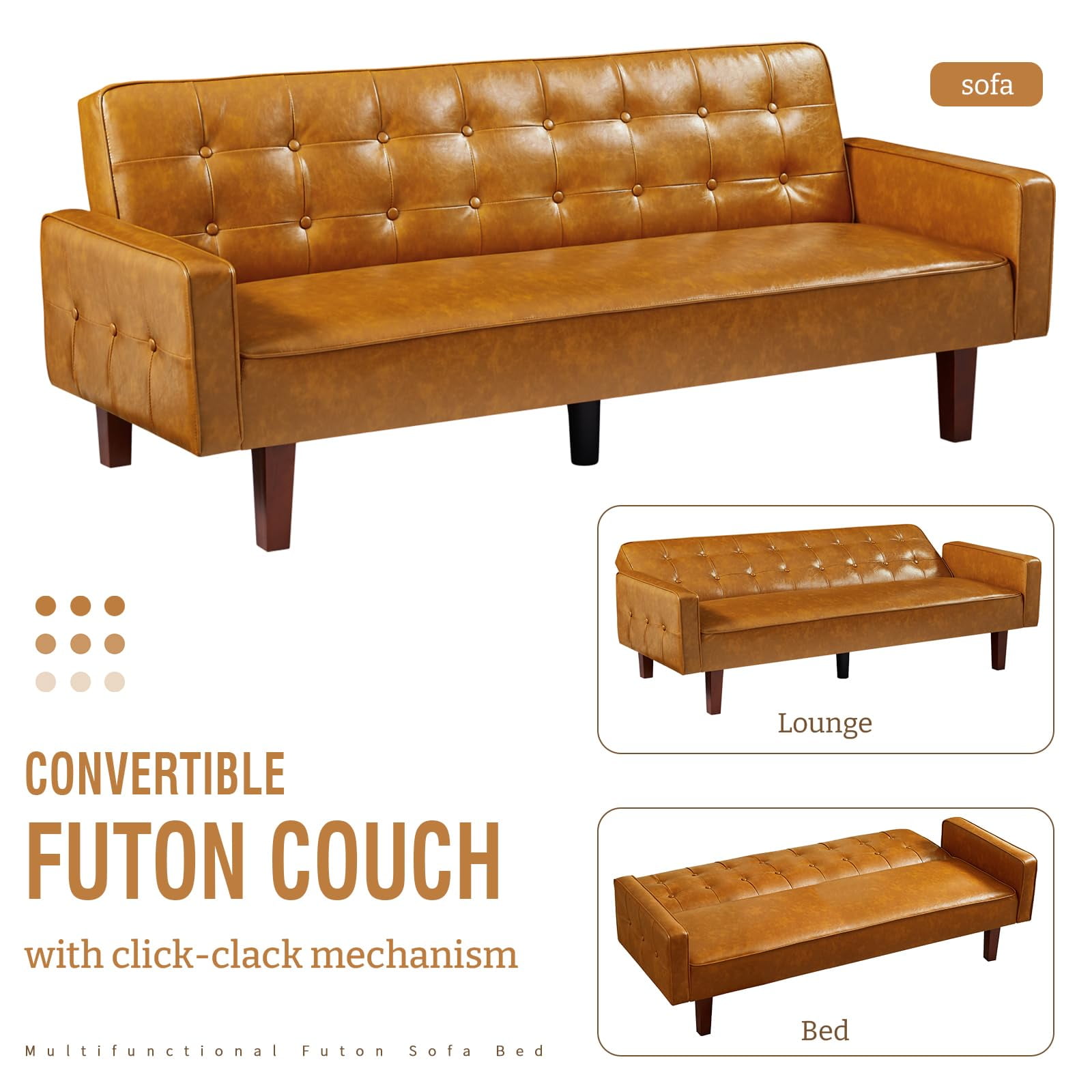 Aukfa 75" Button-Tufted Futon Convertible Sofa Bed for Home Office, Leather, Brown