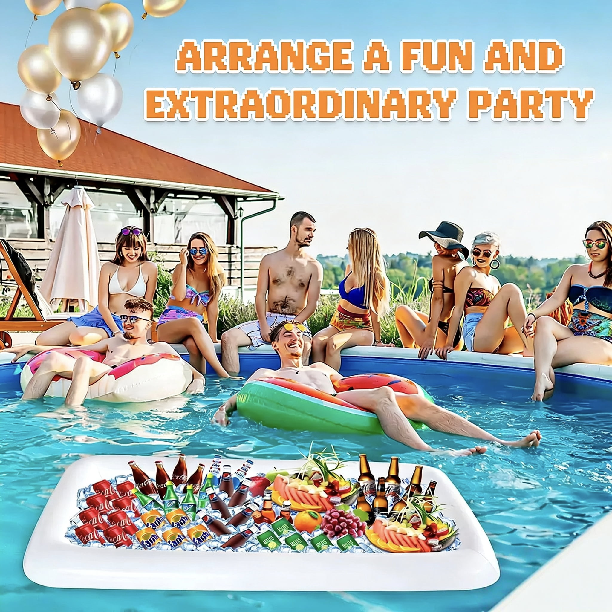 Inflatable Ice Serving Bar Pool Party Buffet Drink Cooler Floating Food Drink Container with Inflator（white 2 Big and 2 Small）
