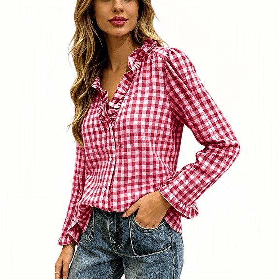 TKKCS Womens Ruffled V Neck Plaid Shirts Long Sleeve Button Down Loose Fit Casual Fashion Gingham Tops Red XL