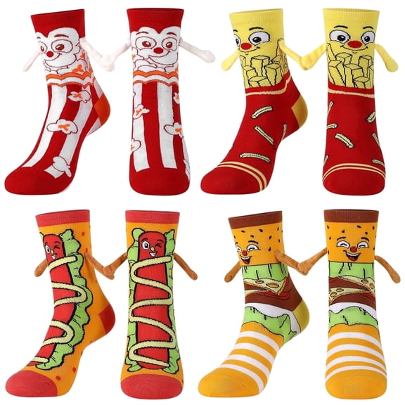 Bocaoying 4 Pairs Crazy Silly Magnetic Food Socks 4 Pack - Funny Fast Food Novelty Crew Socks Set, Cute Gag Gifts for Food Lovers Men Women (US 5-8.5)