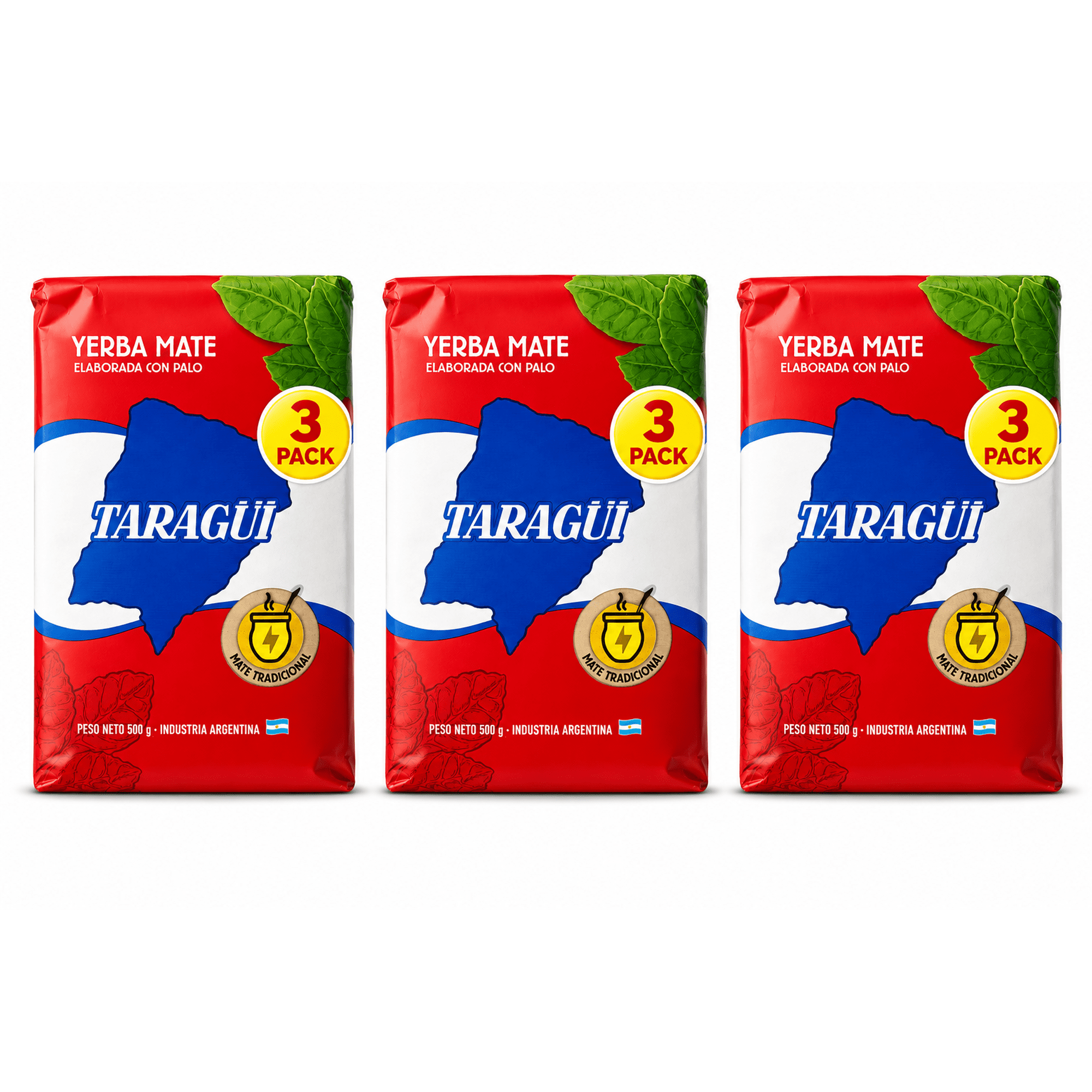 3-Pack Taragui Yerba Mate Regular Blend with Stems /Taragui Con palo- Loose Leaf- 1.17lb / 500g each bag