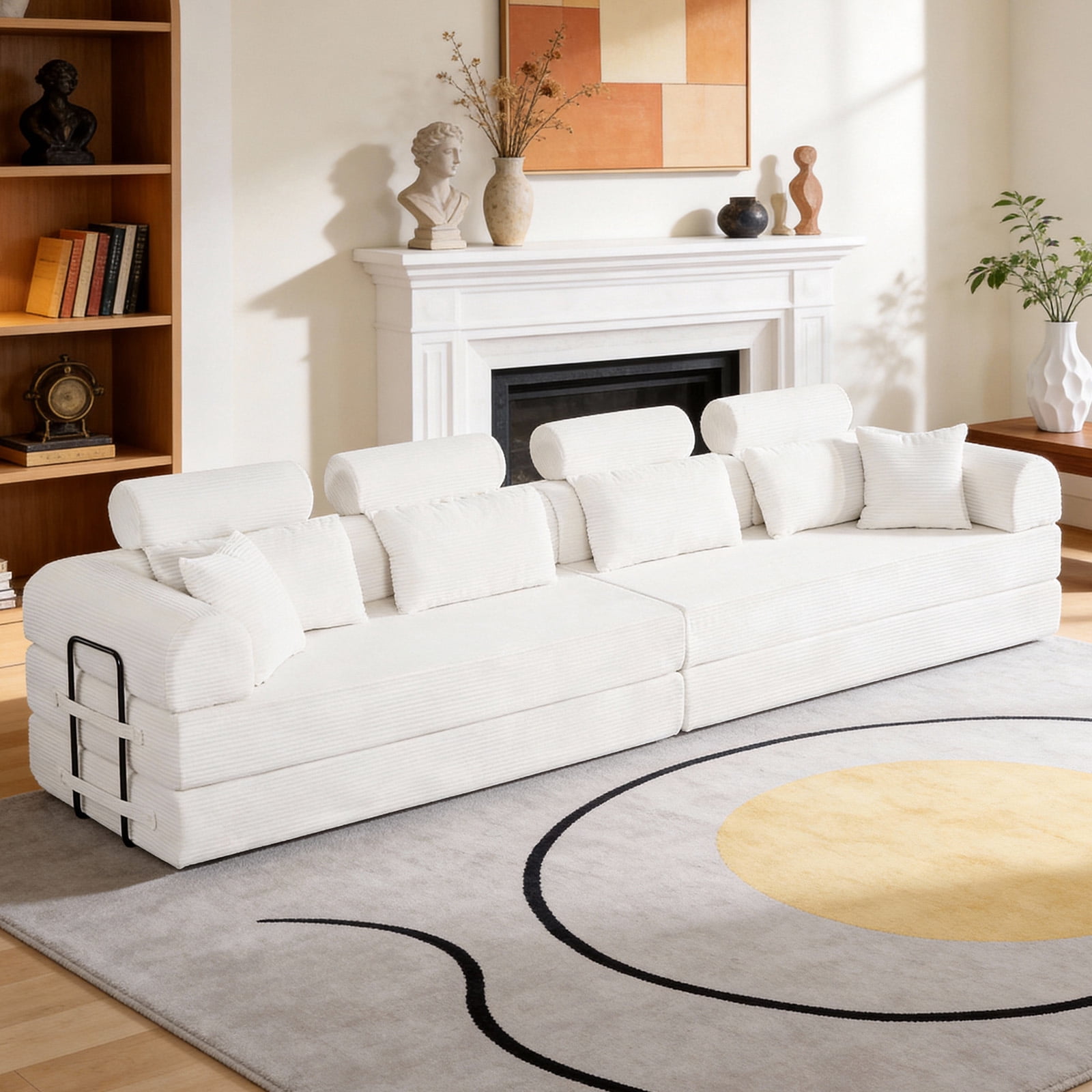 L-Shaped Sectional Sofa Converts to Bed, Corduroy Chaise Lounge with 28D High-Density Foam, No Assembly Compressed Couch for Apartments and Studios, Beige