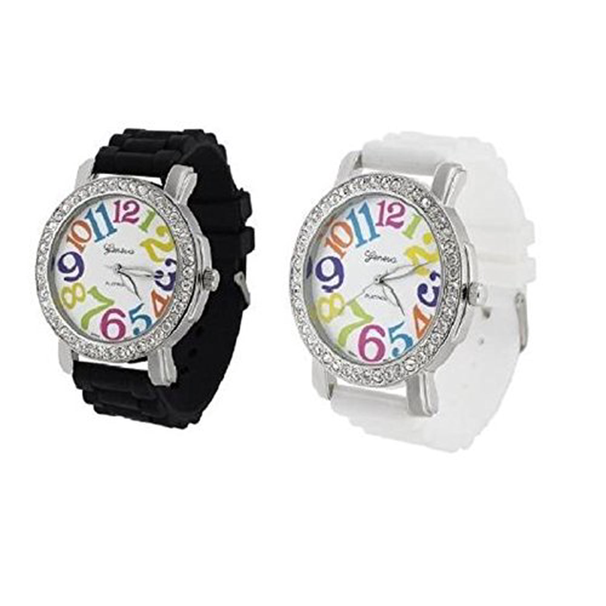 2 Pack White and Black Geneva Women's Large Round Face Silicone Rainbow Numbers Watch