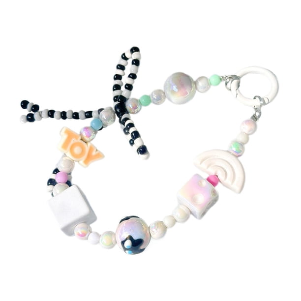 Correa de teléfono con cuentas multiusos con dibujos animados para mujer, pulsera para teléfono, cadena para teléfono Blanco