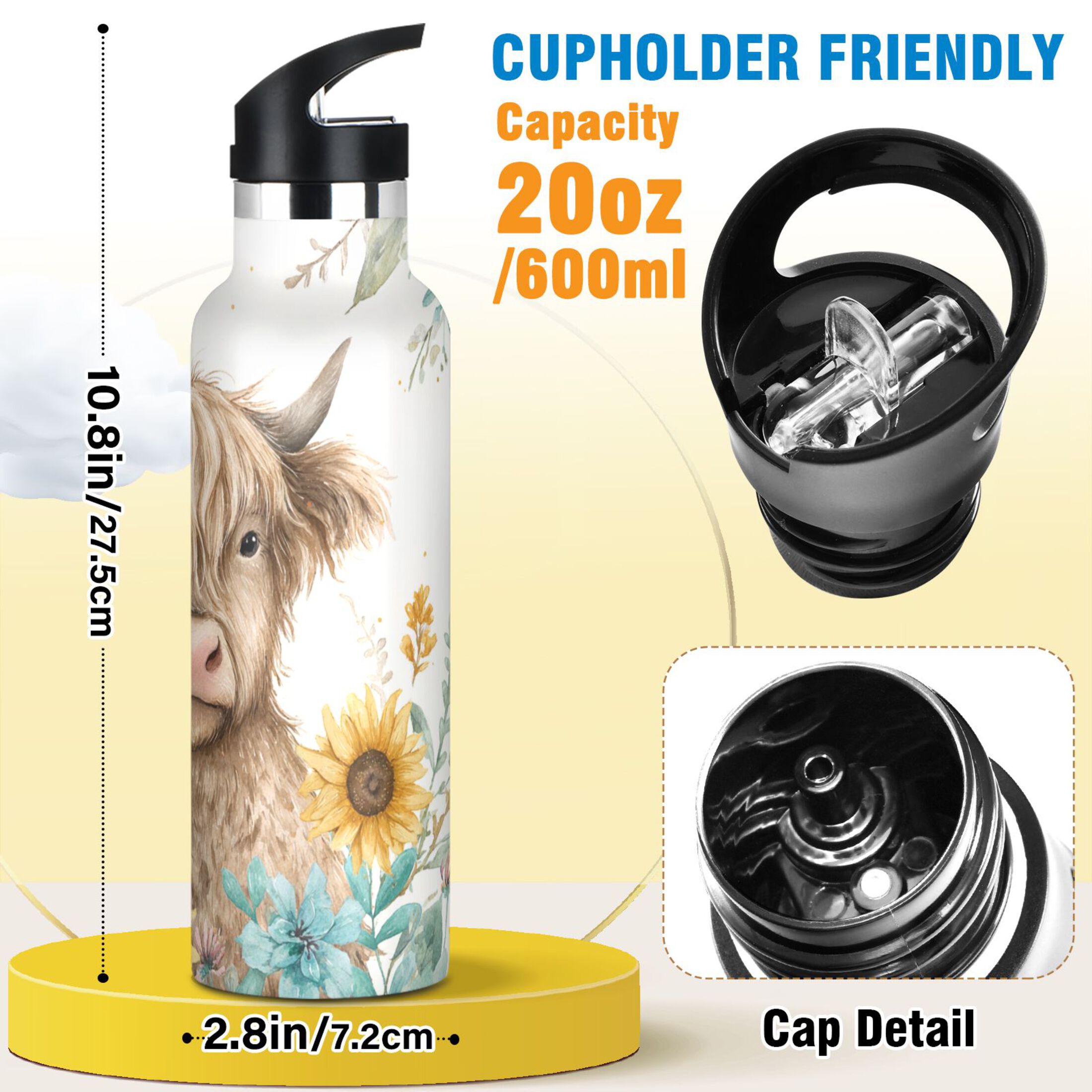 Kids Insulated Stainless Steel Sports Water Bottle 600ml (20oz) Sunflowers and Highland Cow