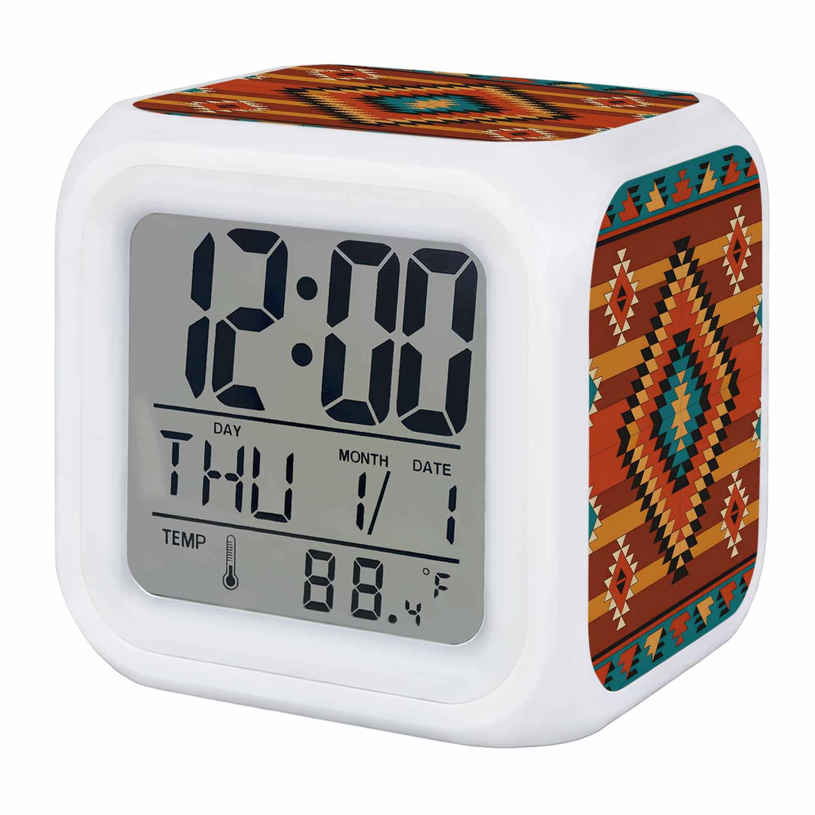Tribe Alarm Clock, Rhombus Triangle Geometric Pattern Digital Clock Night Light with 7 Color, Calendar Temperature Display, LED Desk Small Clock for Bedrooms Bedside Living Room