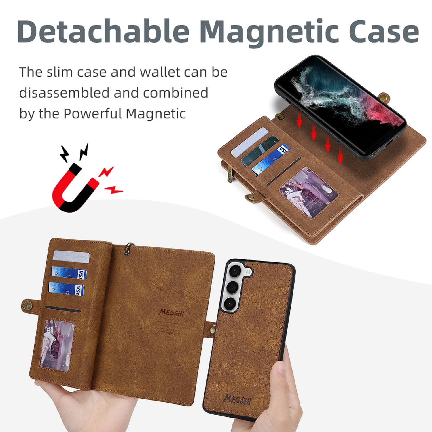 for Samsung Galaxy S24 Plus Wallet Case, Durable PU Leather 2-in-1 Detachable Magnetic Flip Phone Case for Samsung Galaxy S24 Plus Case Wallet with Card Holder Slots Zipper Pouch for Women Men,Brown