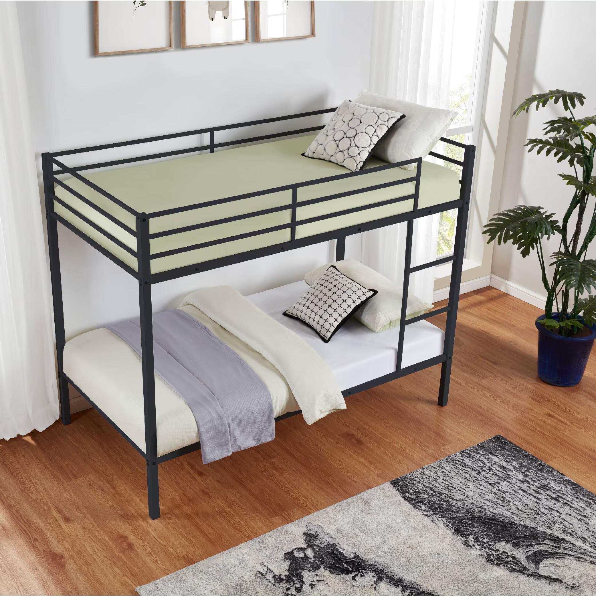Aukfa Metal Bunk Bed Twin Over Twin, High Guardrail and Metal Slats, Space-Saving Bed Frame for Kids Teens, Black