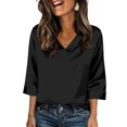 thumbnail image 3 of V Neck 3/4 Length Sleeve Silk Satin Blouses for Women Dressy Casual Loose Fit Tops Comfy Lightweight Silky All Season Shirts, #01 Black, XXL, 3 of 6