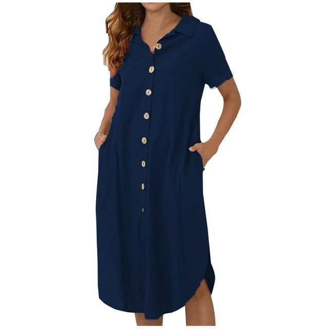 Robes Décontractées pour Femmes, Couleur Unie, Boutonnée, Col en V, Col à Revers, Robe Midi, Manches Longues/courtes, Robe Chemise avec Poches