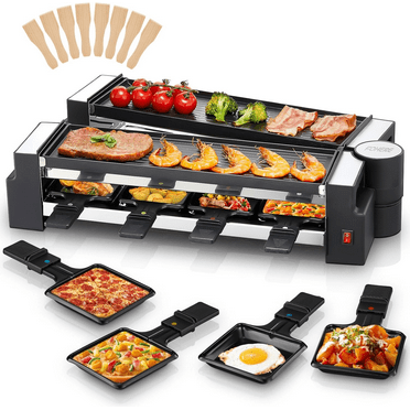 Electric Indoor Raclette Table Grill, Serves up to 8 People for Parties and Family Fun, Includes 8 Warming Trays