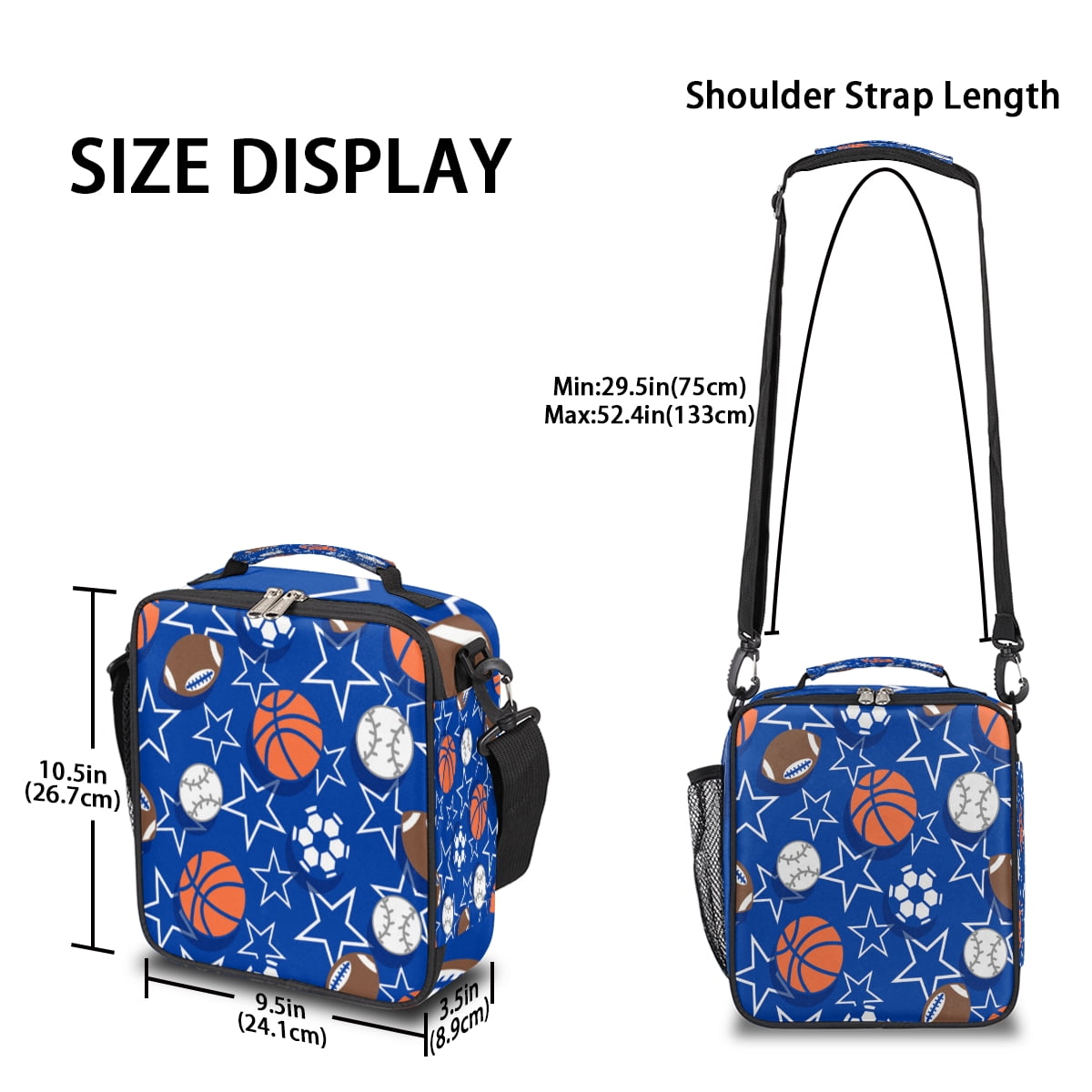 All - Star Multi - Sport Insulated Lunch Bag – Basketball, Football, Soccer & Baseball Prints, Adjustable Shoulder Strap with Soft Pad, Double Zippers, Side Mesh Pocket – Ideal for School Lunches