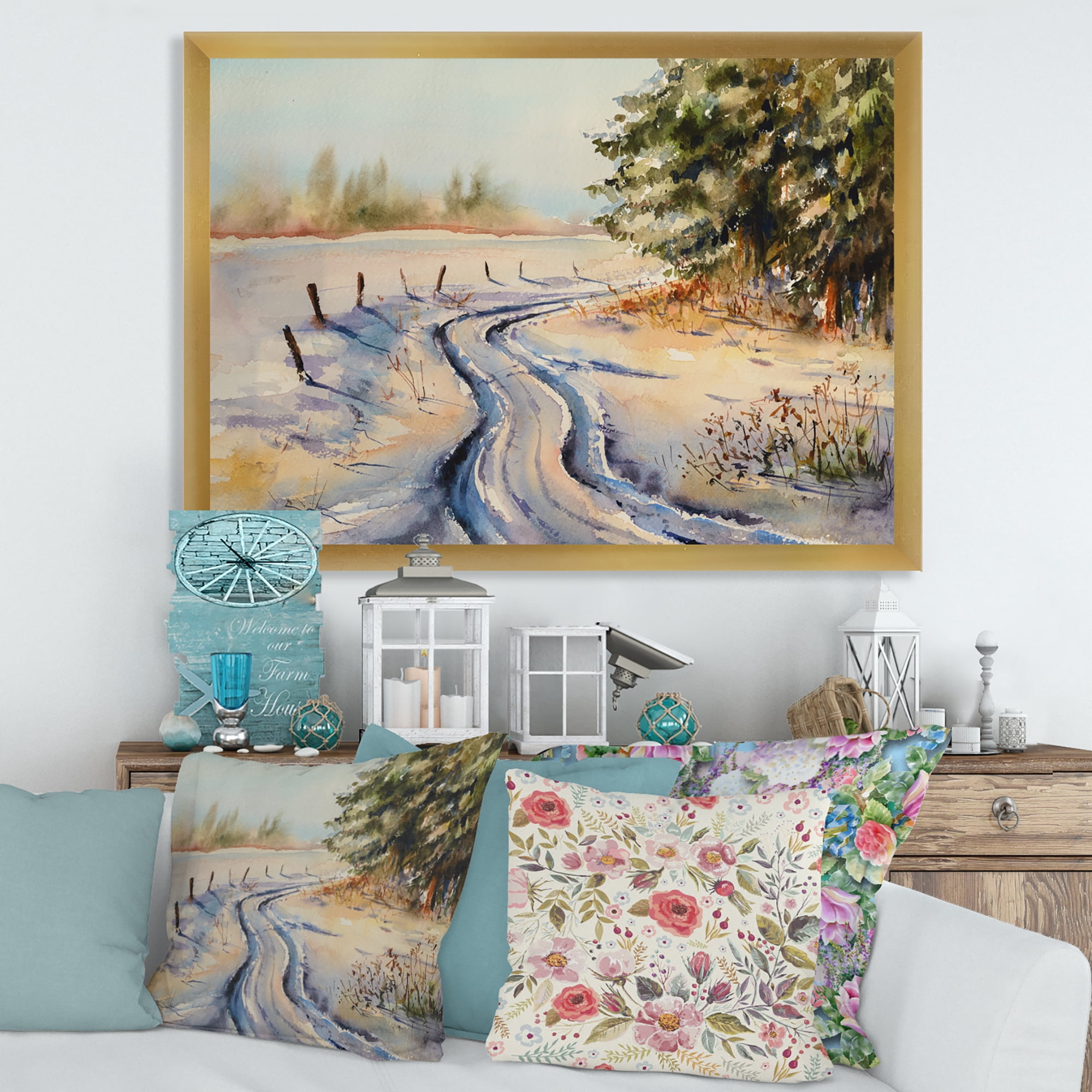 Designart 'Snowy Winter Forest Landscape Rural Road In Snow' Traditional Framed Art Print