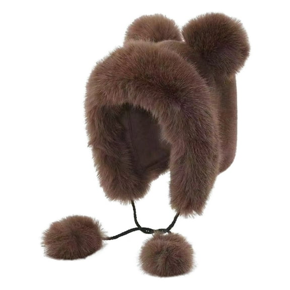HUANLEDASH Winter Hat with Integrated Scarf Bear Ear Decor Thick Faux Mink Hair Full Protection Knitted Elastic Pure Color Headwear Outdoor Activities Cap